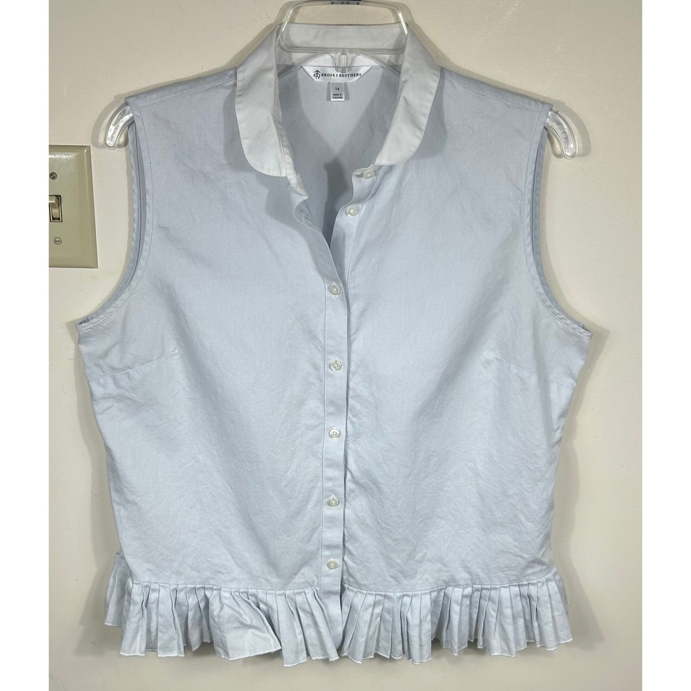 Brooks Brothers Sleeveless Peplum Top Women's 14 Blue Pleated Cotton Ruffle Hem